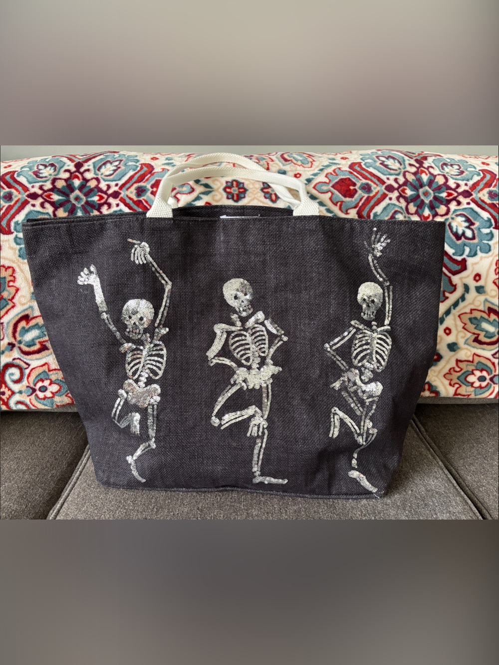 Mud Pie Black Tote with Silver Dancing Skeletons
